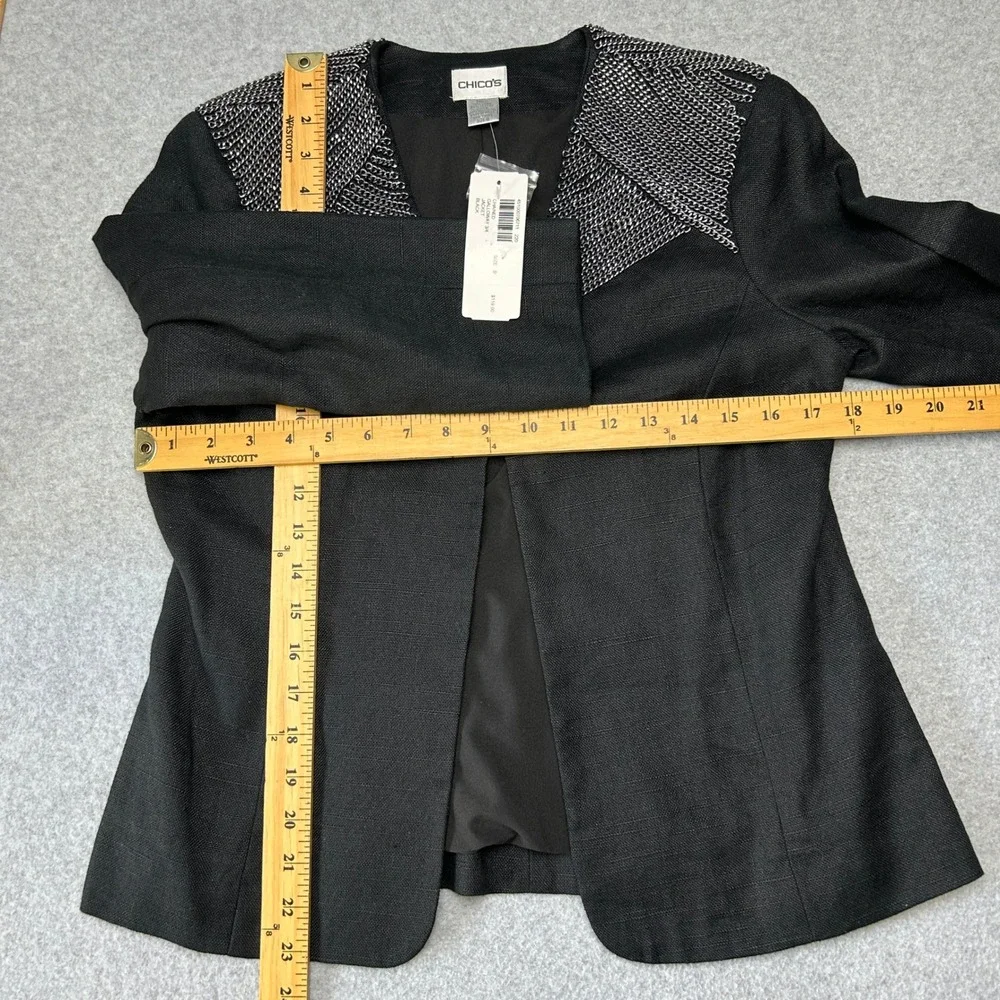 Chicos Chained Galloway 3/4 Jacket Black Linen Blend Silver Chain Size 0 / S NWT